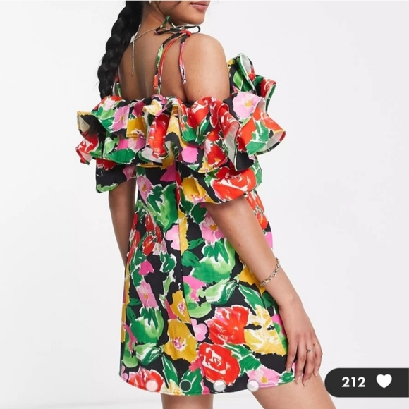 TopShop Bardot Cotton Blend Colorful Floral Ruffle Off the Shoulder Dress - Picture 2 of 9